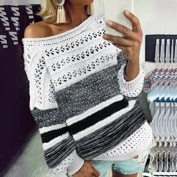 women hollow out knitted sweater off shoulder striped knitted patchwork pullover autumn winter long sleeve causal pull, White;black
women hollow out knitted sweater off shoulder striped knitted patchwork pullover autumn winter long sleeve causal pull, White;black
