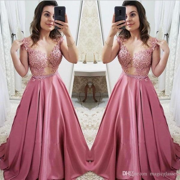 2019 illusion prom dresses vintage dusty pink formal long evening gowns sheer neckline cap sleeves satin long girls party dress, Black
2019 illusion prom dresses vintage dusty pink formal long evening gowns sheer neckline cap sleeves satin long girls party dress, Black