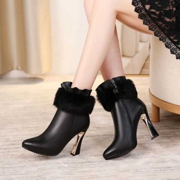 high heels thick with leather women's boots pointed leather boots plus velvet wild white tide, Black
high heels thick with leather women's boots pointed leather boots plus velvet wild white tide, Black