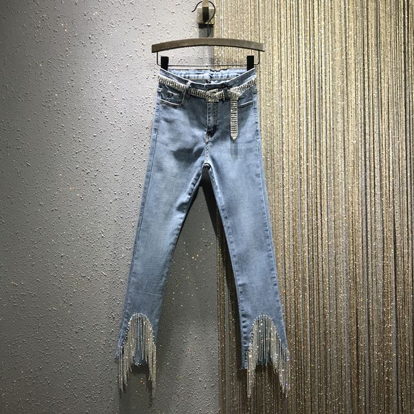 2019 spring and summer new high-waist slim hole ripped jeans women's rhinestone tassel ankle length denim pants, Blue
2019 spring and summer new high-waist slim hole ripped jeans women's rhinestone tassel ankle length denim pants, Blue