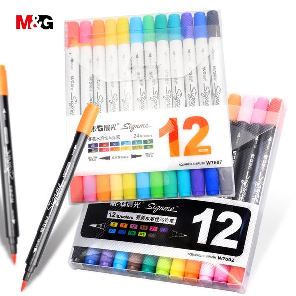 M&g Official Two Head Watercolor Brush Marker Pens For Drawing Colored Felts Art Marker Liner Pen School Supplies Art Stationery
