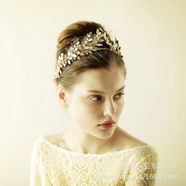 bride handmade headdress leaf goddess headband bride crown wedding hair accessories, Golden;white