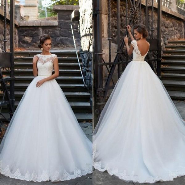 elegant open back wedding dresses sheer neckline short sleeves lace appliques vestios de novia a line bridal gowns with pearls sash, White
elegant open back wedding dresses sheer neckline short sleeves lace appliques vestios de novia a line bridal gowns with pearls sash, White