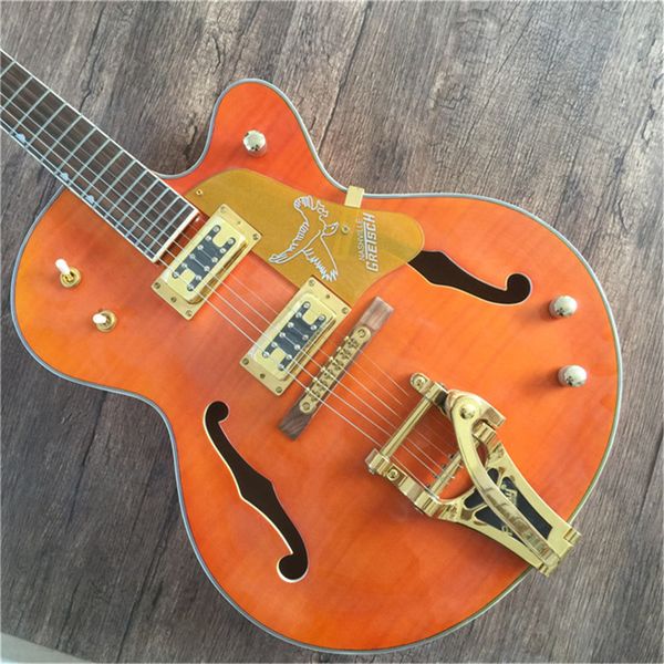 stom gre nashville eddie cochran tribute brian setzer jazz orange flame maple electric guitar semi hollow body, gold big