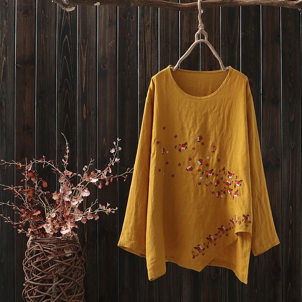 color thread embroidery small flowers retro loose irregular hem female shirt top, White
color thread embroidery small flowers retro loose irregular hem female shirt top, White