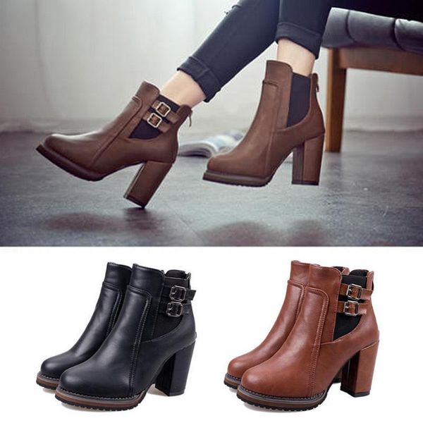 women elastic double belt buckle back zip leather short ankle boots thick heels, Black
women elastic double belt buckle back zip leather short ankle boots thick heels, Black