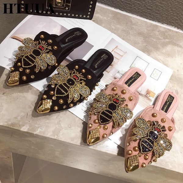 htuua brand pointed toe flat mules shoes women flats fashion pearls rivets rhinestone butterfly decoration slip on slides sx3165, Black
htuua brand pointed toe flat mules shoes women flats fashion pearls rivets rhinestone butterfly decoration slip on slides sx3165, Black