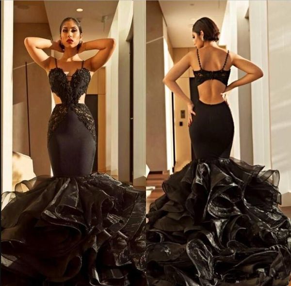 black spaghetti mermaid prom dresses lace appliques organza ruffles back cutaway sides evening gowns plus size party dress
black spaghetti mermaid prom dresses lace appliques organza ruffles back cutaway sides evening gowns plus size party dress