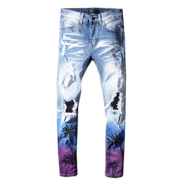 2020 new men's coconut palm printed colored ripped jeans slim fit holes distressed stretch denim pants trousers, Blue
2020 new men's coconut palm printed colored ripped jeans slim fit holes distressed stretch denim pants trousers, Blue