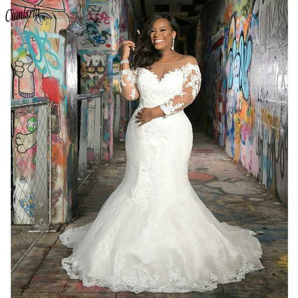 2020 new sheer long sleeves plus size mermaid wedding dresses scoop neck tulle lace appliques sweep train wedding gowns custom made, White
2020 new sheer long sleeves plus size mermaid wedding dresses scoop neck tulle lace appliques sweep train wedding gowns custom made, White