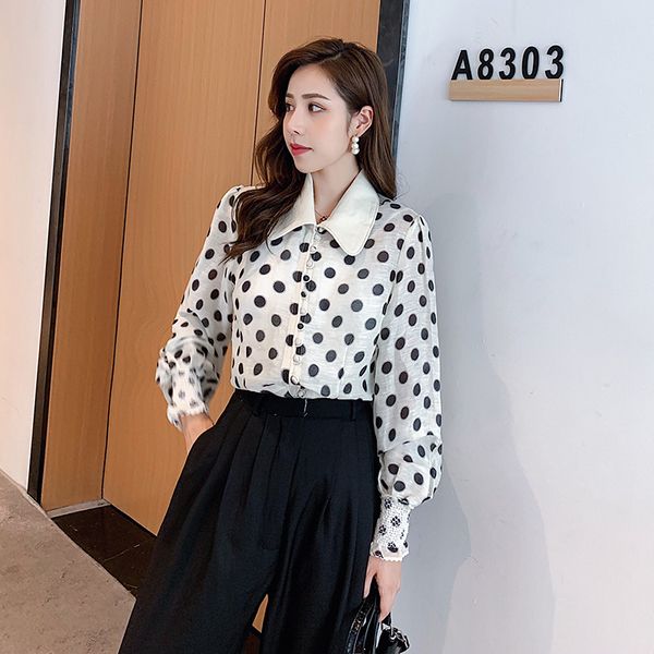 women's shirt 2020 summer retro temperament wave point shirt literary style long-sleeved chiffon women, White
women's shirt 2020 summer retro temperament wave point shirt literary style long-sleeved chiffon women, White