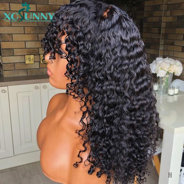 

13x6 lace front human hair curly wig with bangs deep parting brazilian remy hair lace frontal wigs for women pre plucked xcsunny, Black;brown