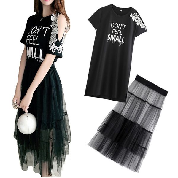 2 piece set 2019 summer women lace cold shoulder cotton t-shirt dress +mesh see through skirt suits letter print sweet sundress, White
2 piece set 2019 summer women lace cold shoulder cotton t-shirt dress +mesh see through skirt suits letter print sweet sundress, White