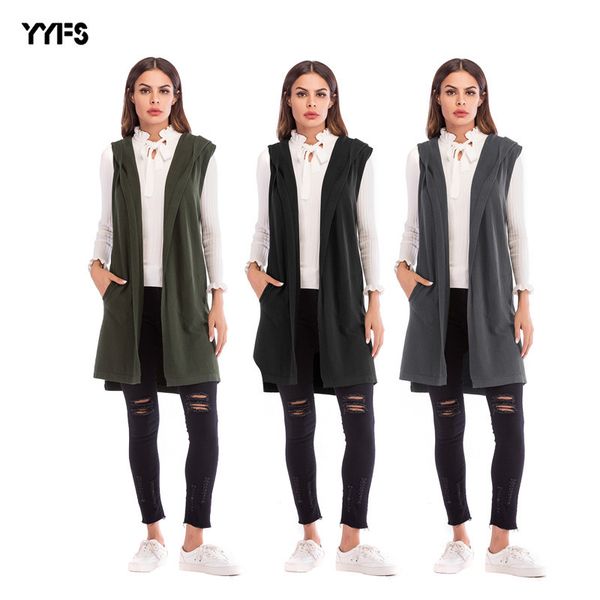 womens designer solid color sleeveless vest knit cardigan long hooded jacket women, White;black 
womens designer solid color sleeveless vest knit cardigan long hooded jacket women, White;black