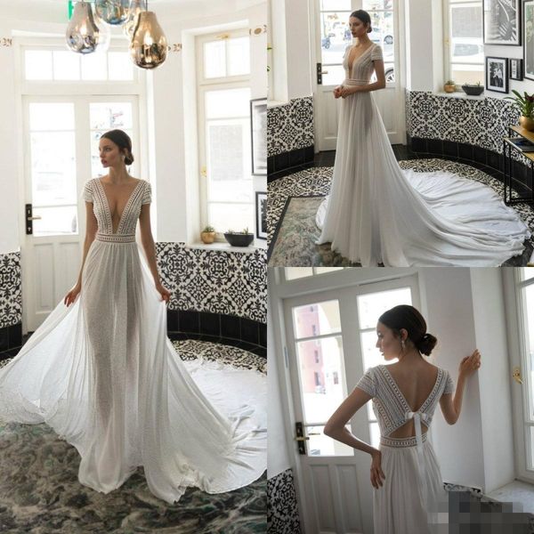 2019 plunging v neck wedding dresses short sleeves lace patchwork chiffon sweep train custom made boho wedding bridal gowns, White
2019 plunging v neck wedding dresses short sleeves lace patchwork chiffon sweep train custom made boho wedding bridal gowns, White