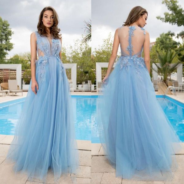 light sky blue evening dress lace appliques ruffles tulle prom dresses sheer back sleeveless formal party gowns 2019, Black
light sky blue evening dress lace appliques ruffles tulle prom dresses sheer back sleeveless formal party gowns 2019, Black