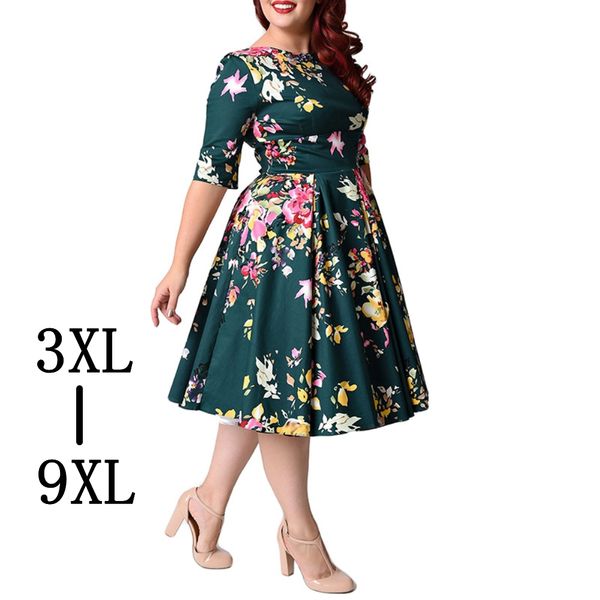 

retro large size 6xl 7xl 8xl women dress vintage zipper floral print tunic big swing dress plus size dresses for women 4xl 5xl, Black;gray