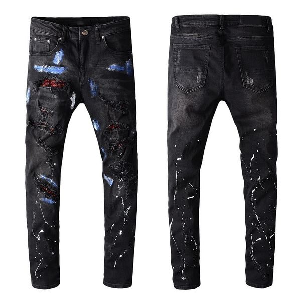 men's jeans crystal blue painted black fashion slim skinny rhinestone holes ripped patchwork stretch denim pants
men's jeans crystal blue painted black fashion slim skinny rhinestone holes ripped patchwork stretch denim pants