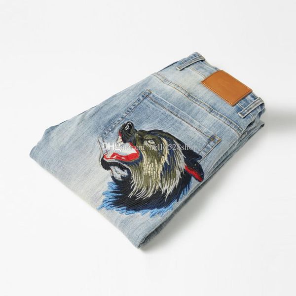men's denim trousers light color stretch slim small straight personality embroidery tiger wolf jeans pants, Blue
men's denim trousers light color stretch slim small straight personality embroidery tiger wolf jeans pants, Blue