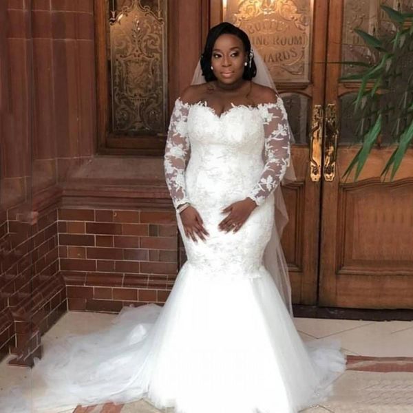 custom long sleeves plus size mermaid lace wedding dresses 2019 with appliques off shoulder african sweep train wedding bridal gowns, White
custom long sleeves plus size mermaid lace wedding dresses 2019 with appliques off shoulder african sweep train wedding bridal gowns, White