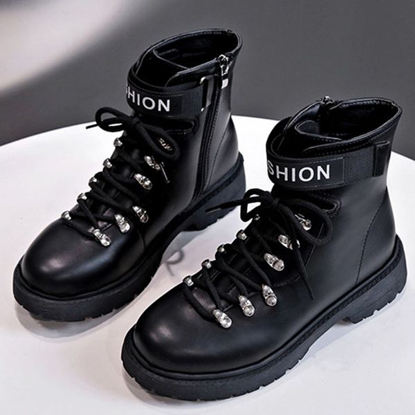 women's motorcycle short booties lace up buckle causal cool ankle flat boots with solid color platform shoes bota feminina, Black
women's motorcycle short booties lace up buckle causal cool ankle flat boots with solid color platform shoes bota feminina, Black