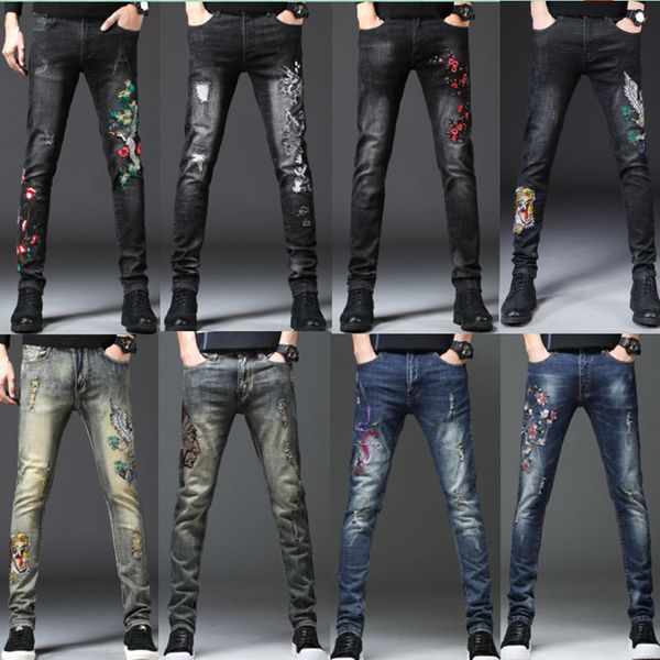 

new men stretchy ripped skinny biker embroidery print jeans destroyed hole taped slim fit denim scratched jean male pants, Blue