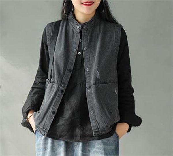 cotton denim hole vest spring new literary retro loose sleeveless shirt, Black;white
cotton denim hole vest spring new literary retro loose sleeveless shirt, Black;white