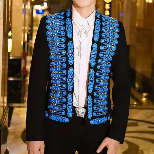 men's suits & blazers tide male vocal concert stage costume bar singer casual coat handmade blue crystals beading mens jacket court dre, White;black
men's suits & blazers tide male vocal concert stage costume bar singer casual coat handmade blue crystals beading mens jacket court dre, White;black