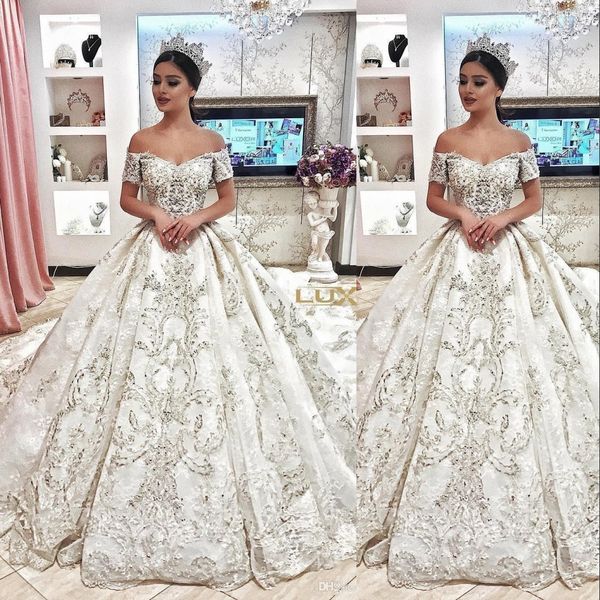 new luxurious sparkly a line wedding dresses off shoulder lace appliques crystal beaded satin cap sleeves plus size ball gown bridal gowns, White
new luxurious sparkly a line wedding dresses off shoulder lace appliques crystal beaded satin cap sleeves plus size ball gown bridal gowns, White