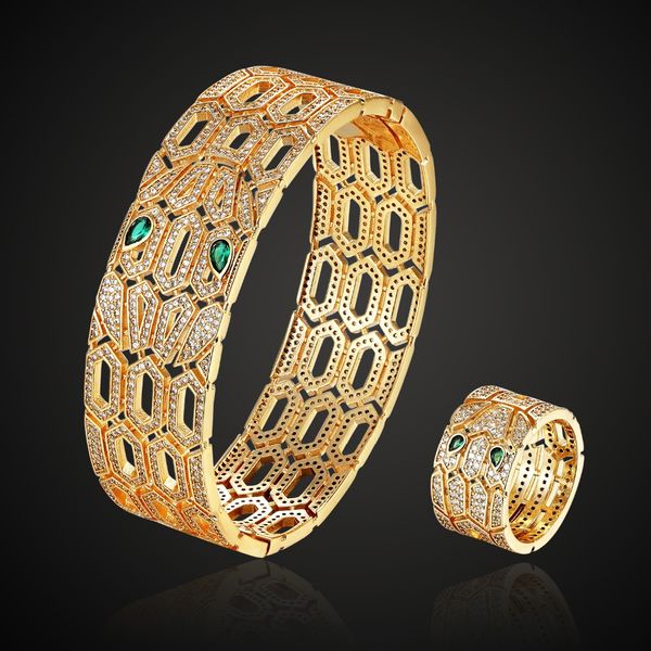 lanyika jewelry set luxury large snake pattern zircon micro plated bangle with ring for daily party trendy gifts, Silver 
lanyika jewelry set luxury large snake pattern zircon micro plated bangle with ring for daily party trendy gifts, Silver