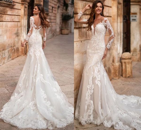 mermaid wedding dresses long sleeves court train full lace vintage bride gowns vestido de noiva longo covered button back, White
mermaid wedding dresses long sleeves court train full lace vintage bride gowns vestido de noiva longo covered button back, White