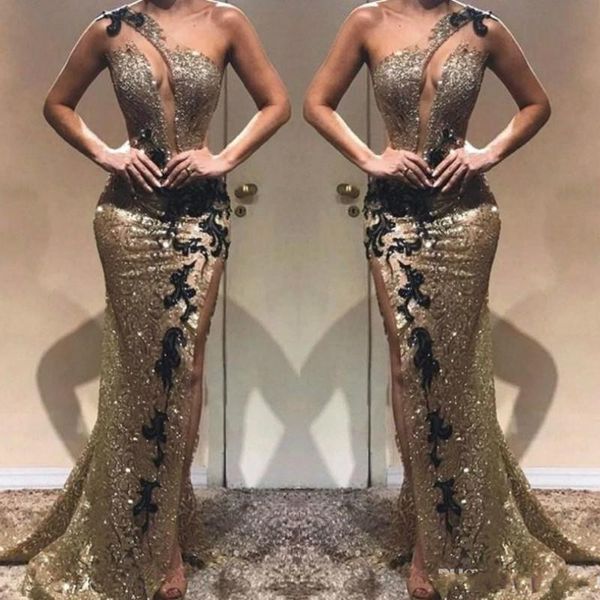 2020 bling gold sequined black lace mermaid evening dresses wear one shoulder sequins side split backless formal prom dress party gowns, Black;red
2020 bling gold sequined black lace mermaid evening dresses wear one shoulder sequins side split backless formal prom dress party gowns, Black;red