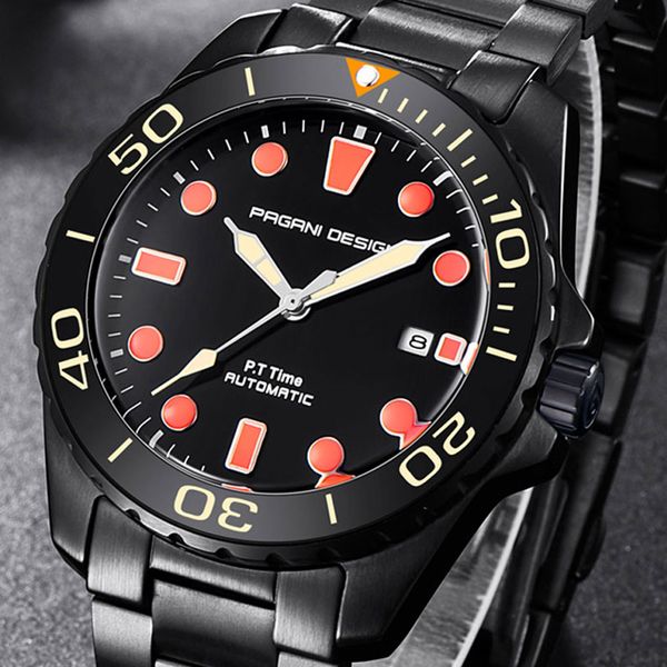 pagani design orange luminous pointer date men's watch black/white stainless steel strap men's automatic mechanical watch, Slivery;brown 
pagani design orange luminous pointer date men's watch black/white stainless steel strap men's automatic mechanical watch, Slivery;brown