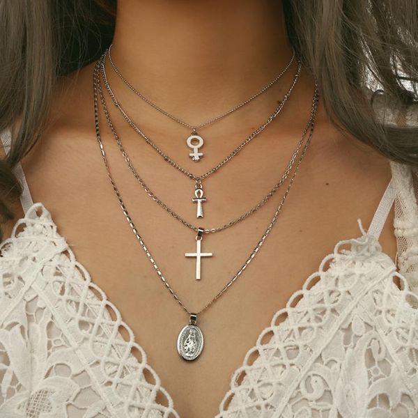 fashion multi-layer cross virgin mary pendant necklaces silver color chains metal necklace crucifix jewelry 
fashion multi-layer cross virgin mary pendant necklaces silver color chains metal necklace crucifix jewelry