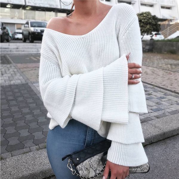 2017 new casual loose long sleeve sweater womens v-neck knitwear white pullover flare sleeve jumper, White;black