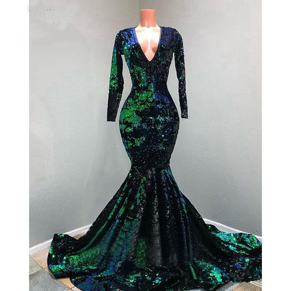emerald green velvet sequins prom dresses 2020 v-neck muslim long sleeve sparkly mermaid sweep train occasion evening gown plus size, Black