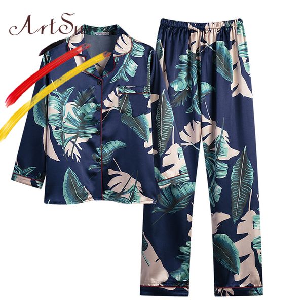 artsu ладонь листьев печати кнопка вверх пижама набор женщин пижамы с длинным рукавом с длинными брюки 2019 весна шелковый атлас pijama muje, Blue;gray 
artsu ладонь листьев печати кнопка вверх пижама набор женщин пижамы с длинным рукавом с длинными брюки 2019 весна шелковый атлас pijama muje, Blue;gray