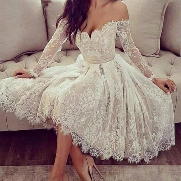lace short wedding dresses 2020 off shoulder sheer long sleeves bridal dress tea length simple beach wedding dress, White
lace short wedding dresses 2020 off shoulder sheer long sleeves bridal dress tea length simple beach wedding dress, White