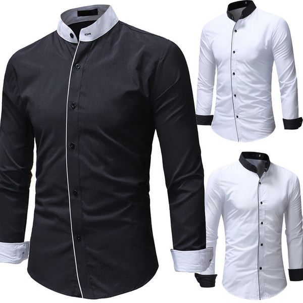 2019 new style fashion men's slim fit stand collar shirt long sleeve dress shirts cotton patchwork casual, White;black
2019 new style fashion men's slim fit stand collar shirt long sleeve dress shirts cotton patchwork casual, White;black