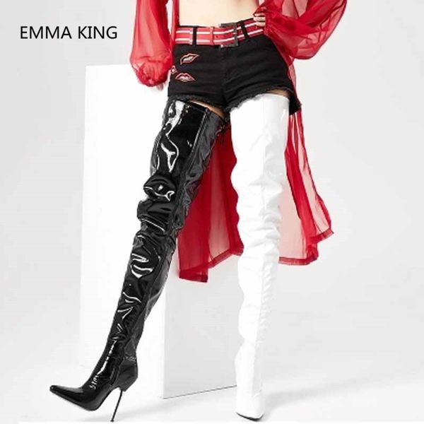 

fetish 12cm high heels women over the knee crotch boots pointed toe patent leather zipper long boots lady thigh high, Black