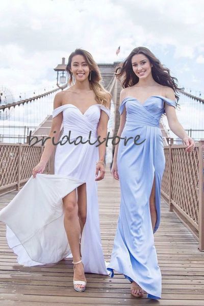 designer white blue bridesmaid dresses column off shoulders satin formal prom dresses with slit boho maid of honor gown for guest 2020, White;pink
designer white blue bridesmaid dresses column off shoulders satin formal prom dresses with slit boho maid of honor gown for guest 2020, White;pink