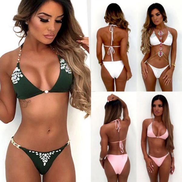 2019 diamond beaded bikini dew back lacing beach split bikini women's chest pad, White;black
2019 diamond beaded bikini dew back lacing beach split bikini women's chest pad, White;black