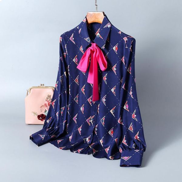 spring 2020 for european and american women's wear bow lapel printing long sleeve silk fashion shirt, White
spring 2020 for european and american women's wear bow lapel printing long sleeve silk fashion shirt, White