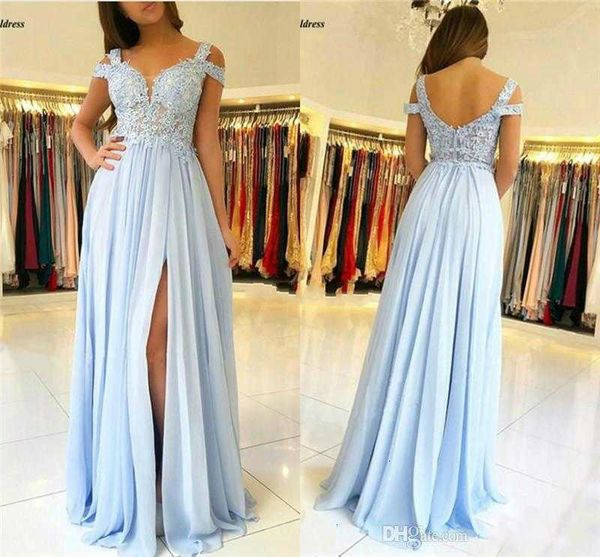 2019 sky blue bridesmaid dresses with side split off the shoulder lace appliques chiffon wedding guest dresses maid of honor gowns, White;pink
2019 sky blue bridesmaid dresses with side split off the shoulder lace appliques chiffon wedding guest dresses maid of honor gowns, White;pink