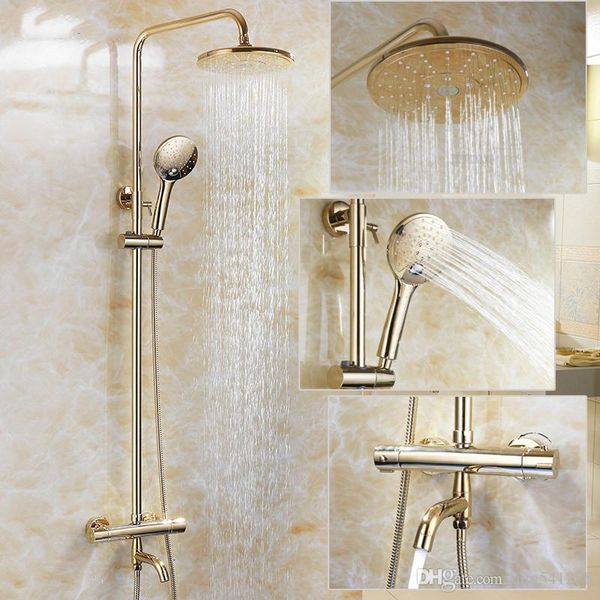 

Gold Color Bathroom Thermostatic Control Shower Faucet Set Wall Mounted Round Design Rain Shower Head Brass Material