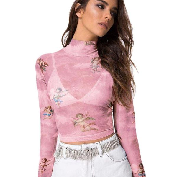 women summer blouse turtleneck long sleeve starry angle print mesh perspective short fashion casual blouse shirt #jy, White
women summer blouse turtleneck long sleeve starry angle print mesh perspective short fashion casual blouse shirt #jy, White