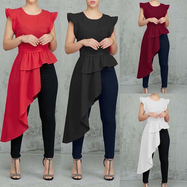 round neck fungus sleeves waist irregular hem women's casual blouses shirts long shirts, White
round neck fungus sleeves waist irregular hem women's casual blouses shirts long shirts, White