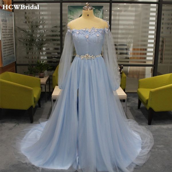 light blue long sleeve evening dress sweep train high split pearls lace tulle prom gowns 2019 custom made women occasion dresses, White;black
light blue long sleeve evening dress sweep train high split pearls lace tulle prom gowns 2019 custom made women occasion dresses, White;black