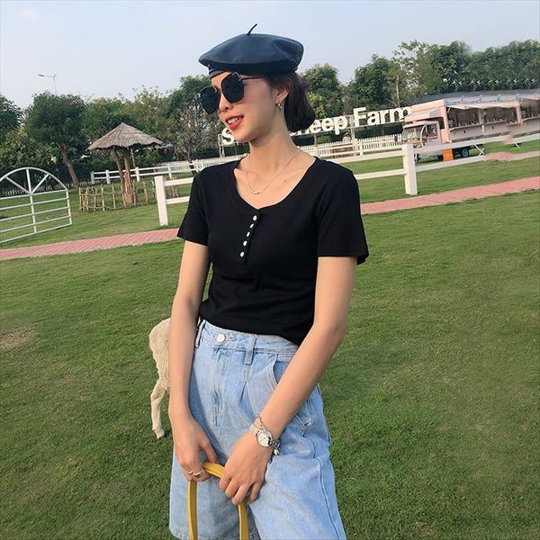 temperament all-match solid color v-neck short-sleeved t-shirt 2020 female temperament all-match solid color slim slim v-neck short-slee, White 
temperament all-match solid color v-neck short-sleeved t-shirt 2020 female temperament all-match solid color slim slim v-neck short-slee, White