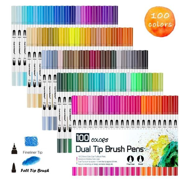 Art Markers Dual Tips Coloring Brush Fineliner Color Pens,100 Colors Of Water Based Marker For Calligraphy Drawing Sketching Pen